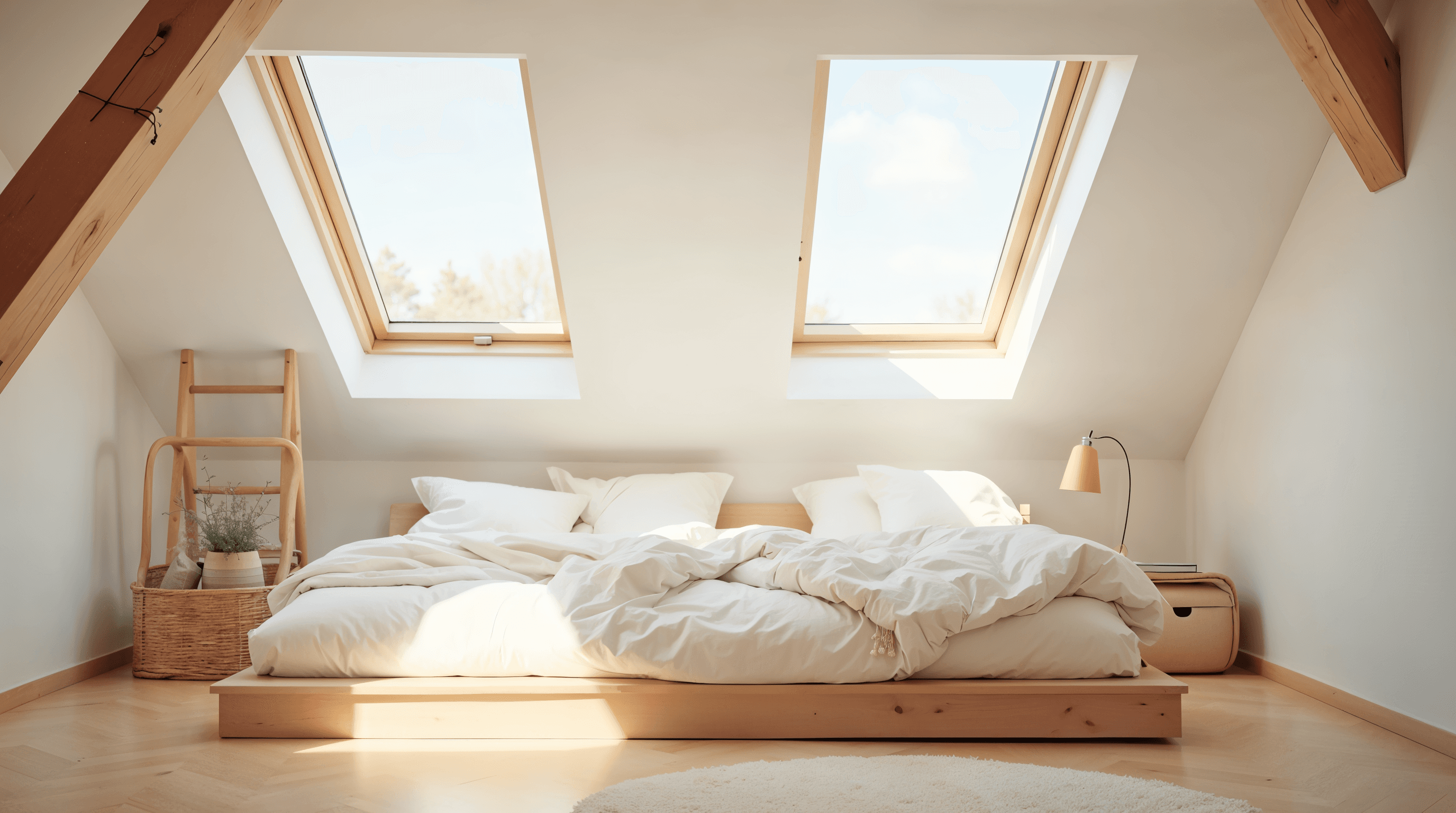 Combles aménagés avec deux fenêtres de toit, parquet en chêne clair, lit bas en lin écru, sous pente blanche cassée et lumière du matin