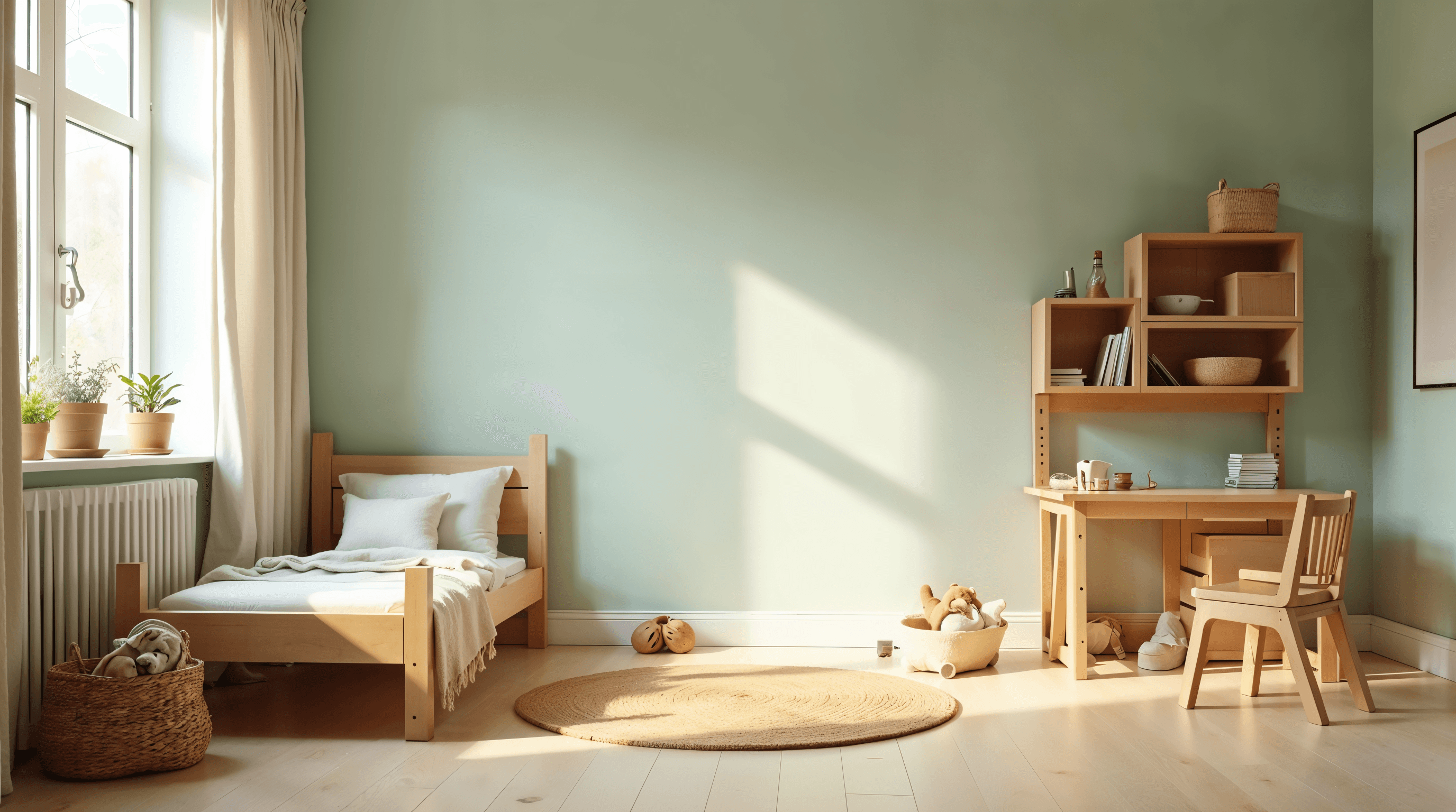 Chambre d’enfant lumineuse avec un coin lit identifiable et un sol dégagé pour la zone de jeux, matières bois et textiles doux