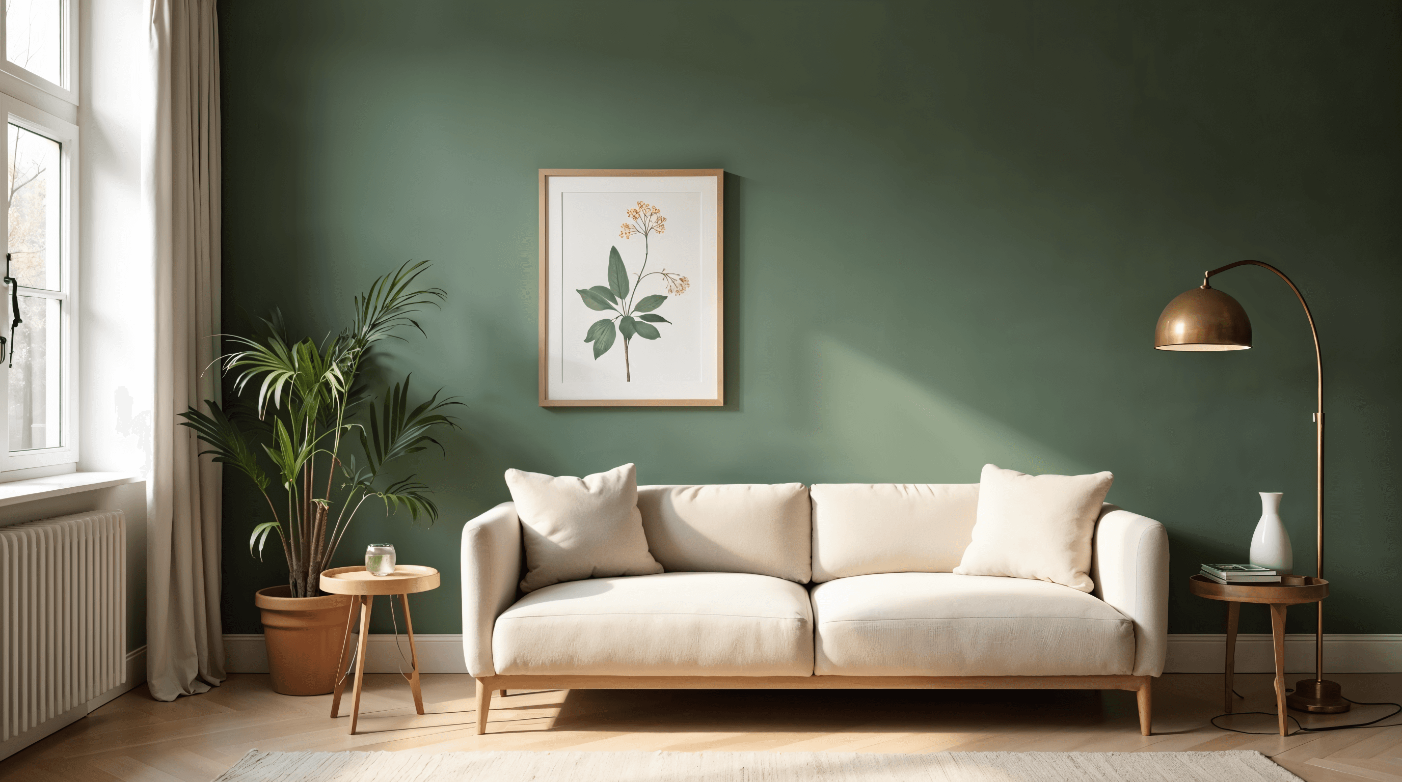 Salon avec mur d’accent vert sauge profond derrière le canapé, mobilier en bois clair et lumière douce naturelle
