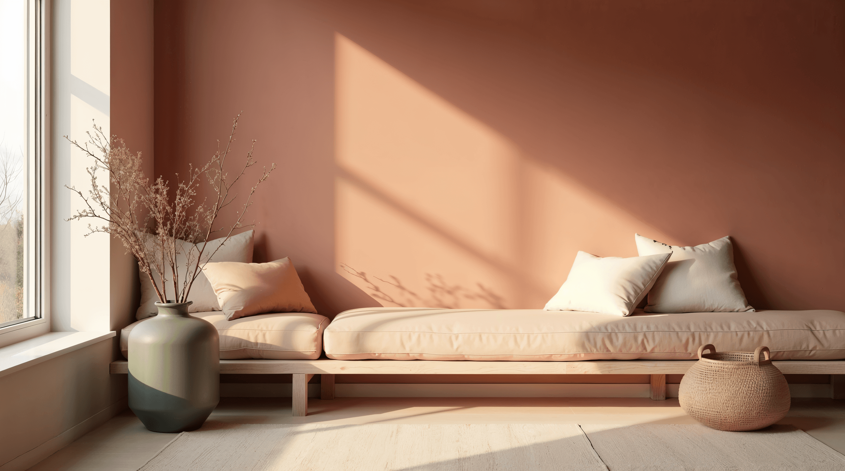 Coin salon en lumière naturelle mêlant rose argile et brun terracotta sur des matières naturelles bois et lin