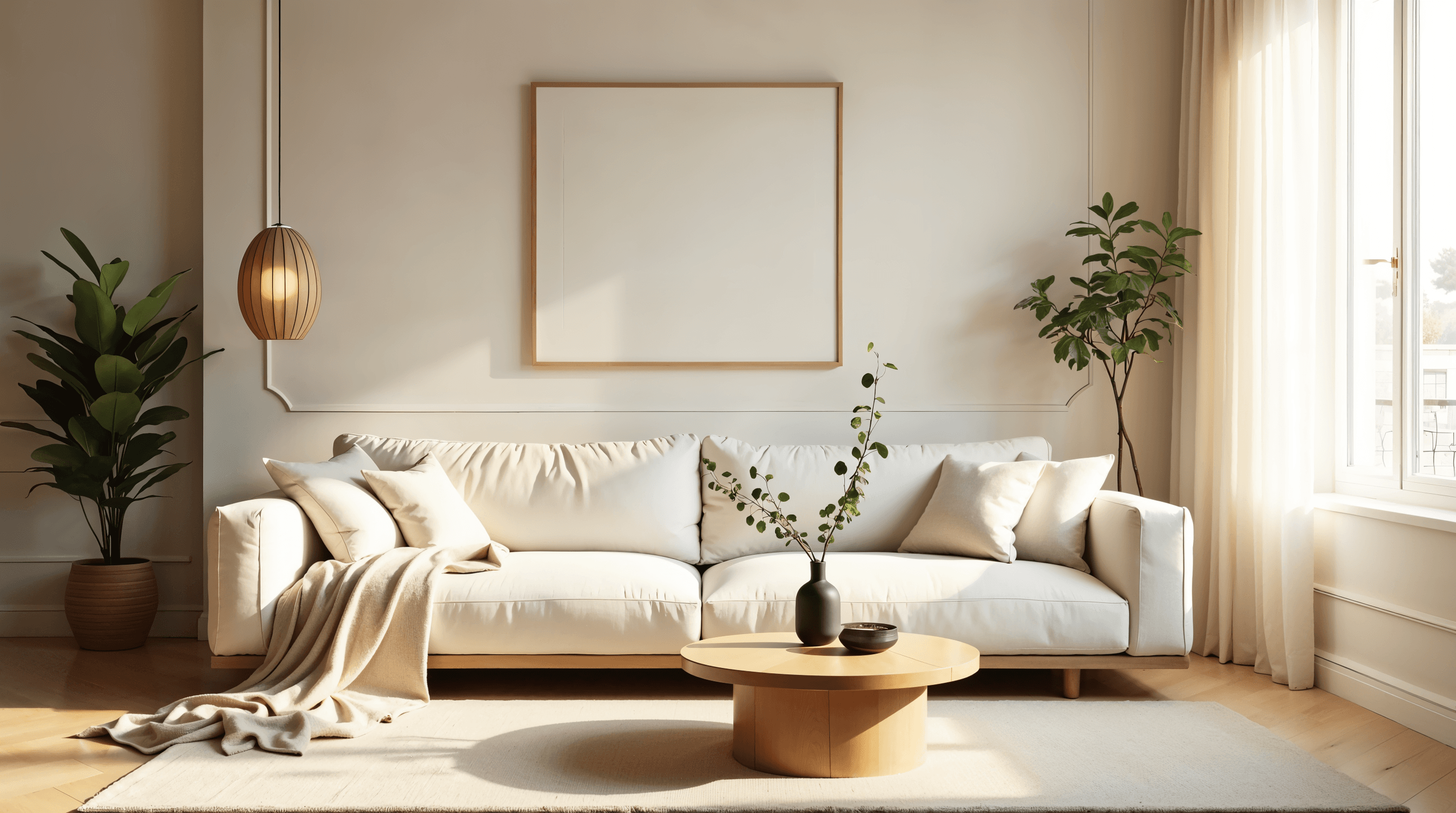 Salon japandi lumineux avec canapé beige, table basse en bois clair, plante verte et lumière naturelle douce