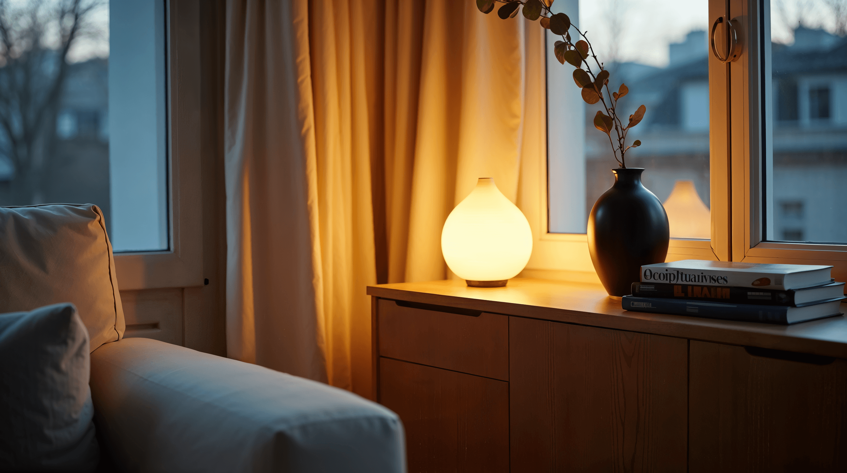 Salon parisien lumineux avec lampe à poser blanche style papier washi sur un meuble en bois clair, canapé en lin et plante verte