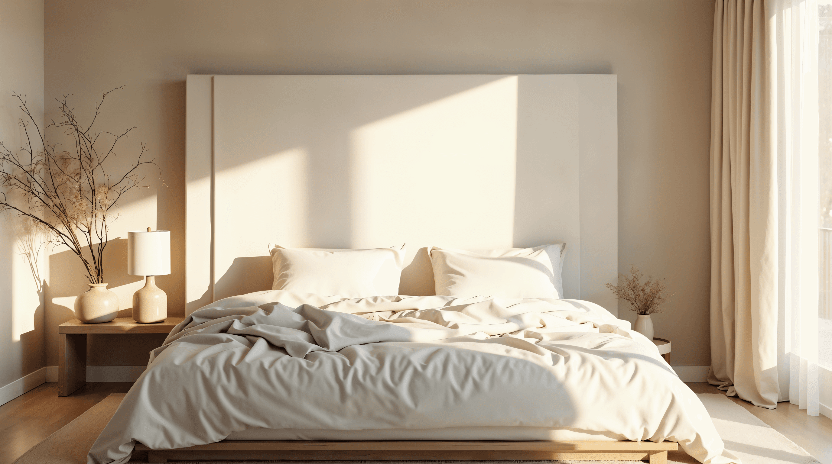 Chambre lumineuse avec un grand panneau de lin écru tendu en guise de tête de lit, lit bas et parure froissée naturelle