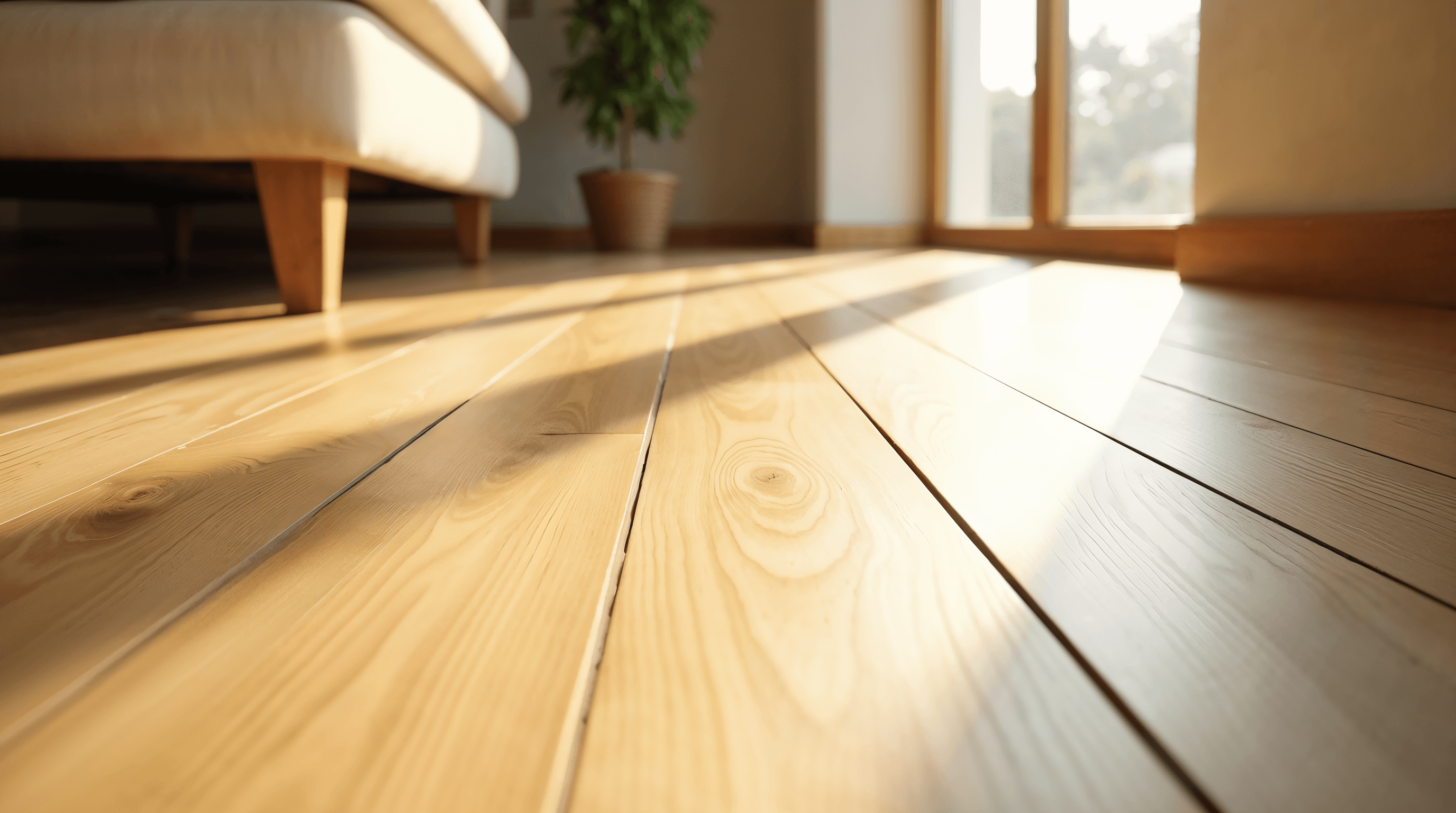 Parquet en chêne clair huilé en lames longues vu en perspective, lumière dorée latérale et grain du bois bien visible