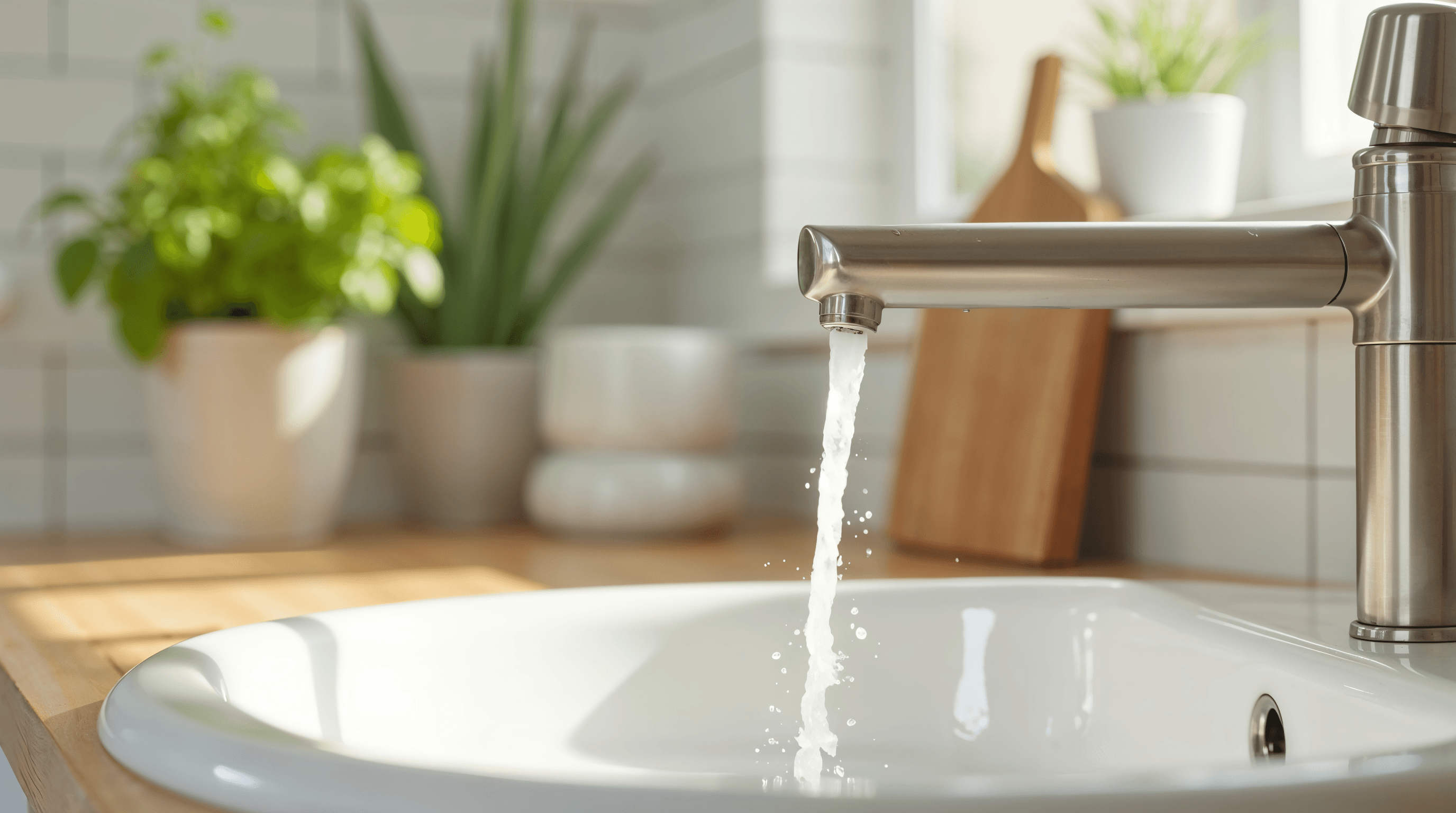 Mitigeur de cuisine en inox brossé impeccable, gouttes d’eau qui glissent, plan de travail en bois clair et lumière douce