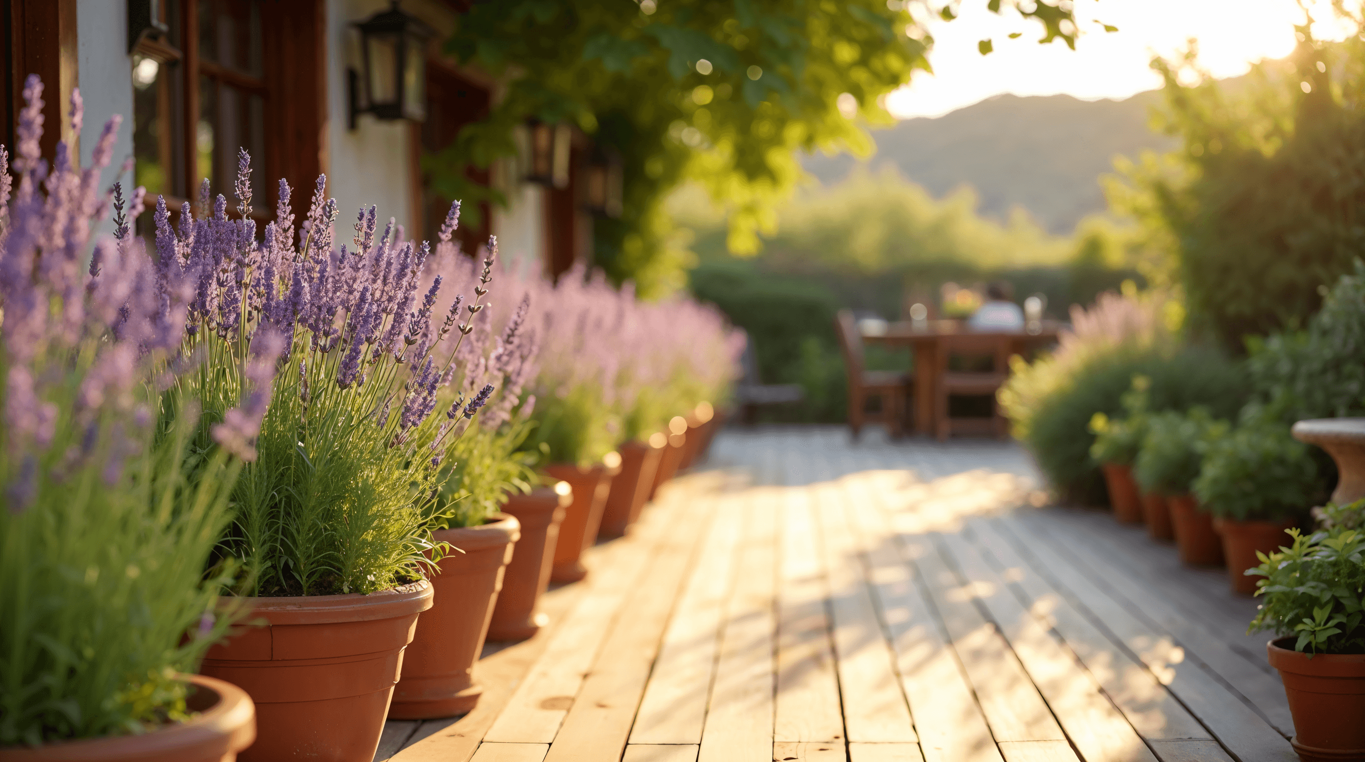 Terrasse en bois clair bordée de pots remplis de lavande en fleurs et plants de citronnelle, lumière douce de fin de journée