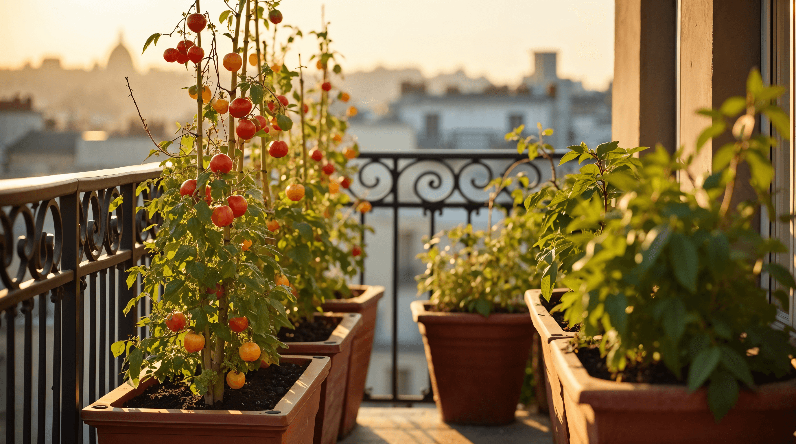 Petit balcon parisien avec bacs rectangulaires en bois clair plantés de tomates cerises sur tuteurs verticaux et lumière dorée du matin