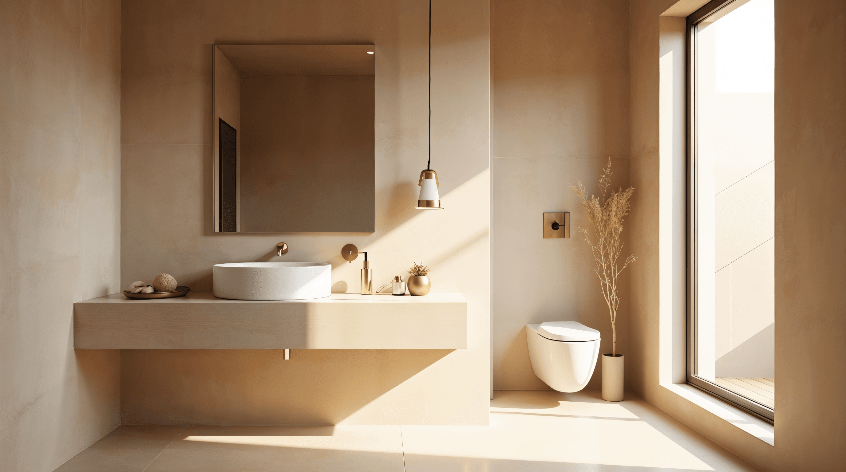 Petite salle de bain claire avec sol et murs en béton ciré sable continu, miroir grand format sans cadre, vasque suspendue et lumière naturelle haute