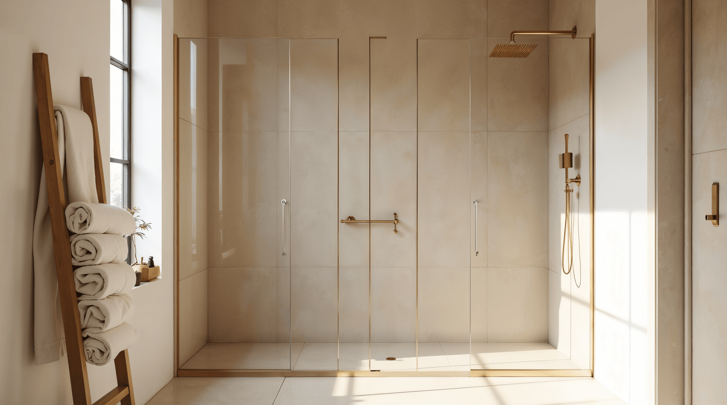 Salle de bain moderne avec paroi de douche fixe en verre clair sans cadre, sol en béton ciré sable et lumière naturelle latérale