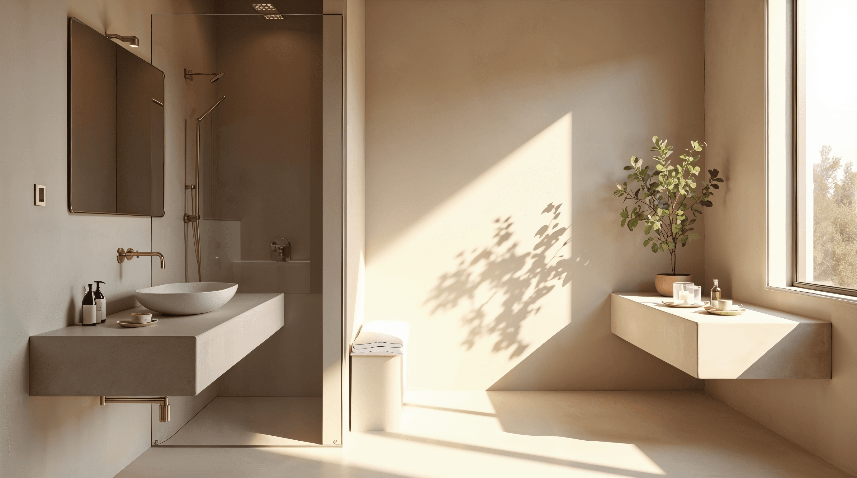 Salle de bain moderne en béton ciré beige sable avec douche à l’italienne, vasque en pierre claire et lumière naturelle douce