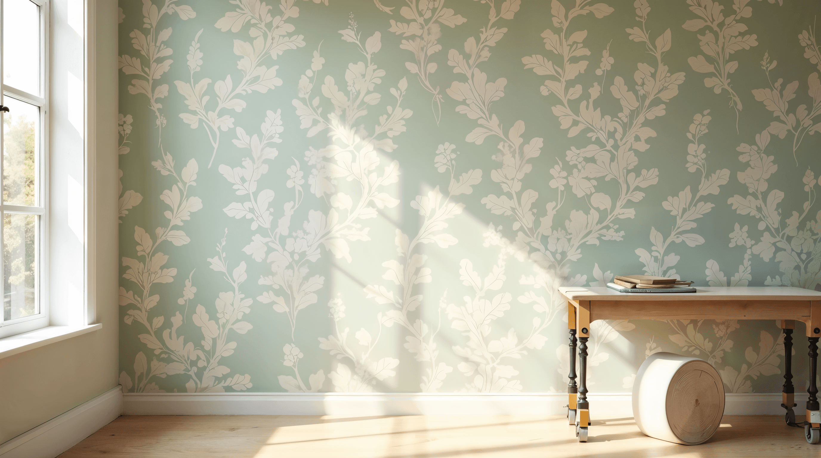 Mur en cours de préparation à la pose de papier peint, papier peint à motif végétal partiellement déroulé et lumière douce du jour